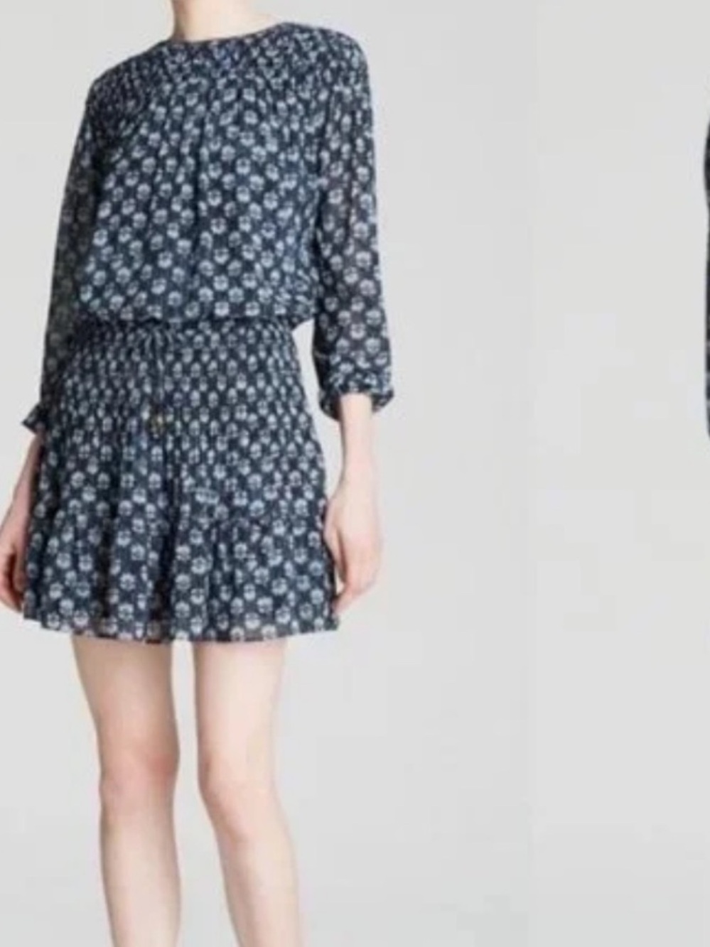 Michael Kors Floral Print Long-Sleeve Mini Dress Size XS Blue Drawstring Pleated